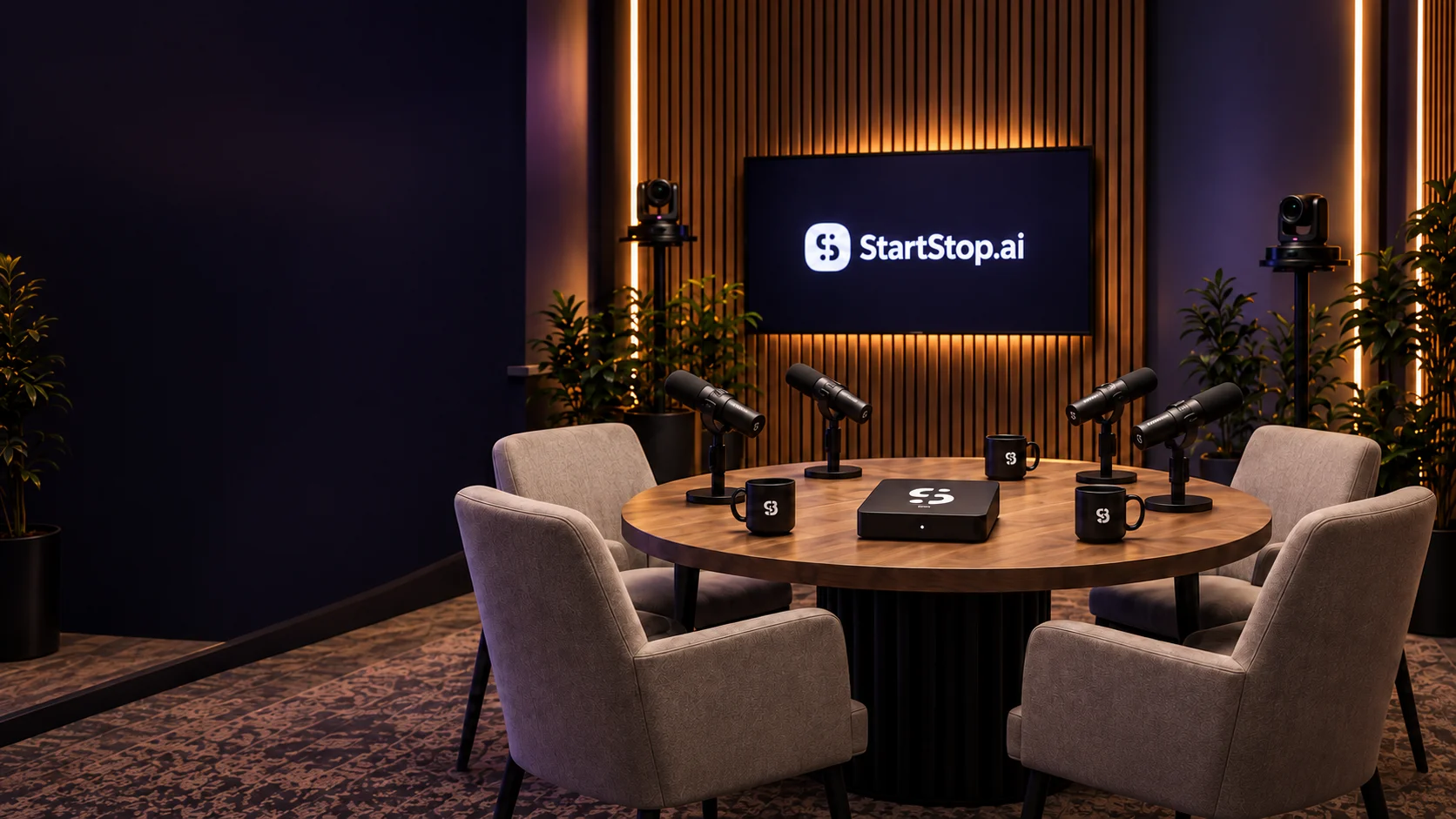 StartStop studio with four seats, microphones and tabletop HUB.
