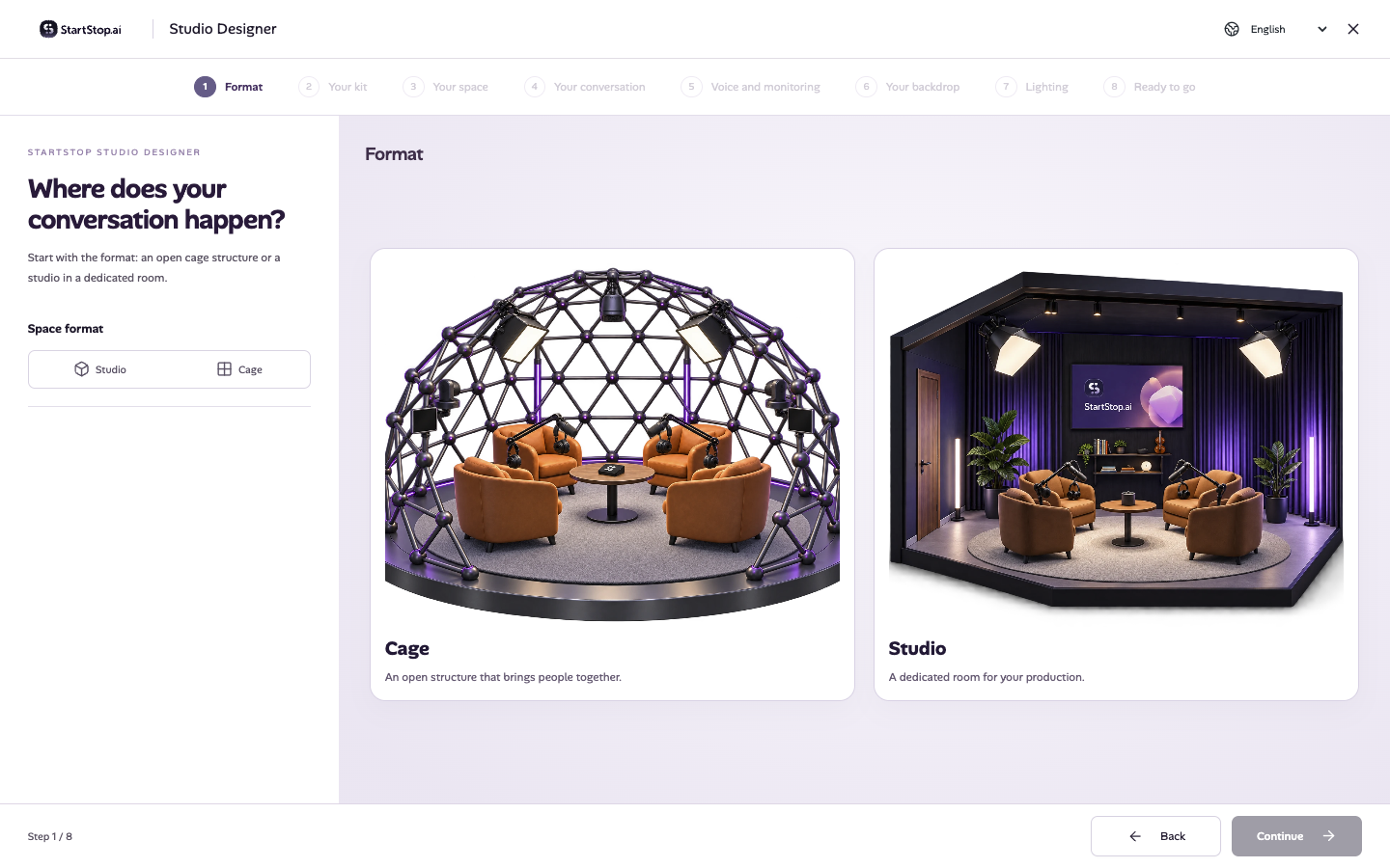 Podcast Designer showing the choice between a cage and a dedicated studio.