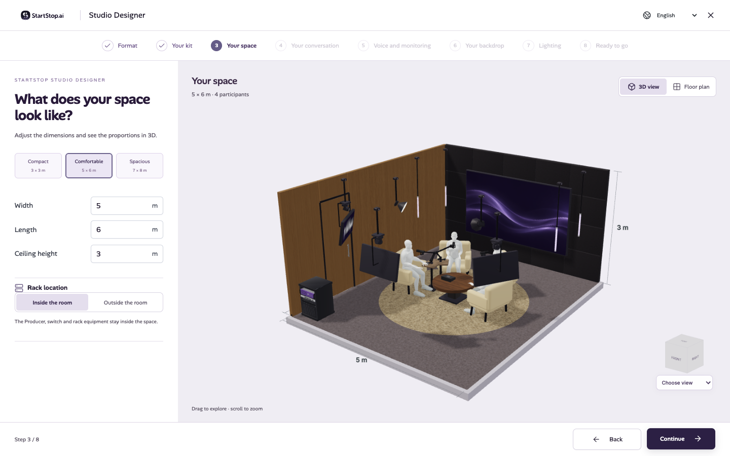 The real Podcast Designer showing the dimensions and 3D layout of a four-person studio.