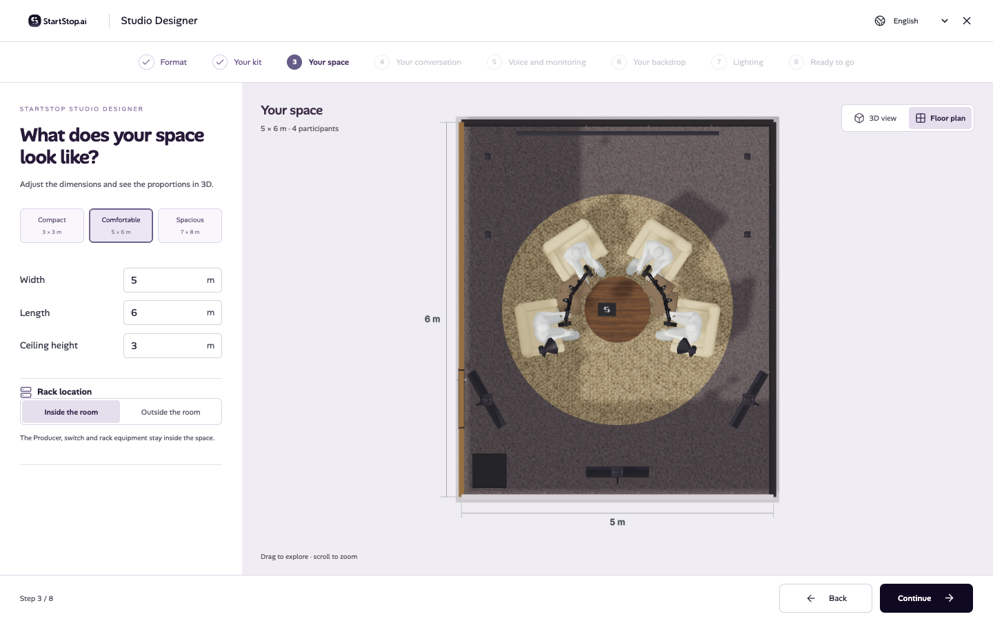 The real Podcast Designer showing a top-down floor plan, dimensions and equipment positions.