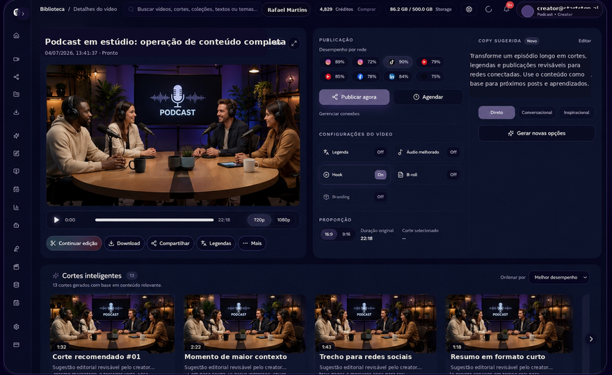 Interface do StartStop.ai mostrando biblioteca, vídeo e ferramentas editoriais